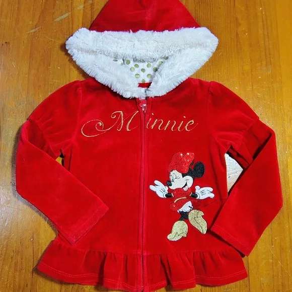Disney Minnie Mouse Red Velvet‎ Ruffle Hooded Jacket 3T Christmas Holiday - Picture 2 of 13
